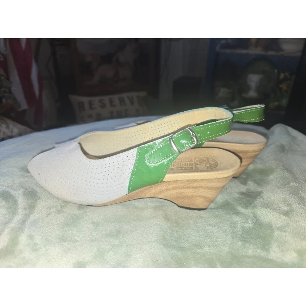 WORISHOFER White and Green Leather Wedge Slingback Shoes